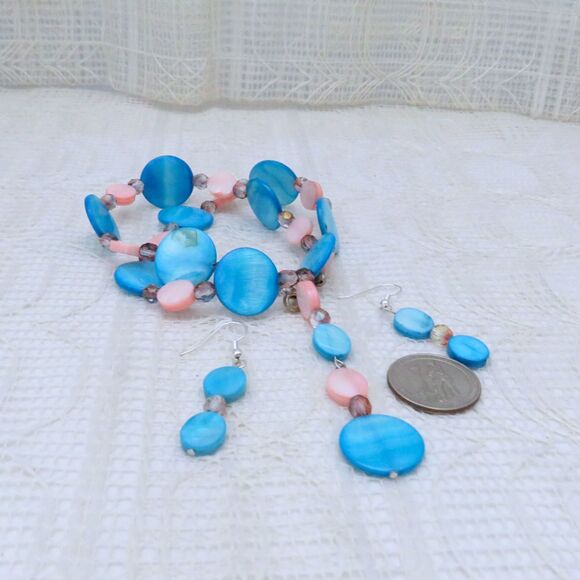 Handmade Blue and Pink Shell Jewelry Set, Y Necklace and Earrings Set For Women - Picture 3 of 10